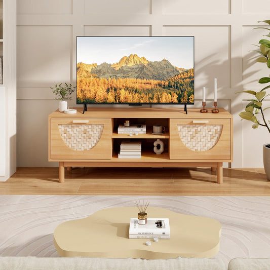 TV Console Media Cabinet with 2 Drawers & Bamboo Woven Fronts-Natural