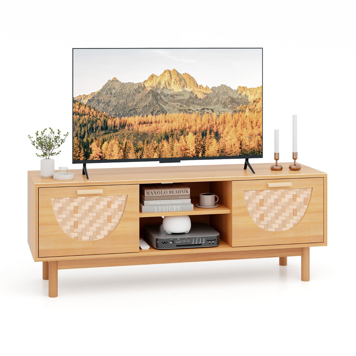 TV Console Media Cabinet with 2 Drawers & Bamboo Woven Fronts-Natural