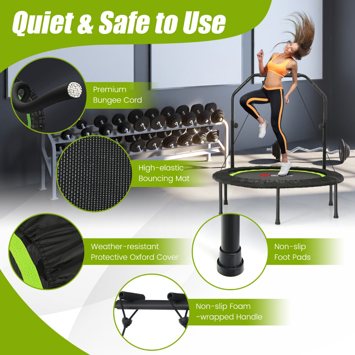 101 cm Mini Trampoline with 2 Resistance Bands and Adjustable Foam Handle-Green