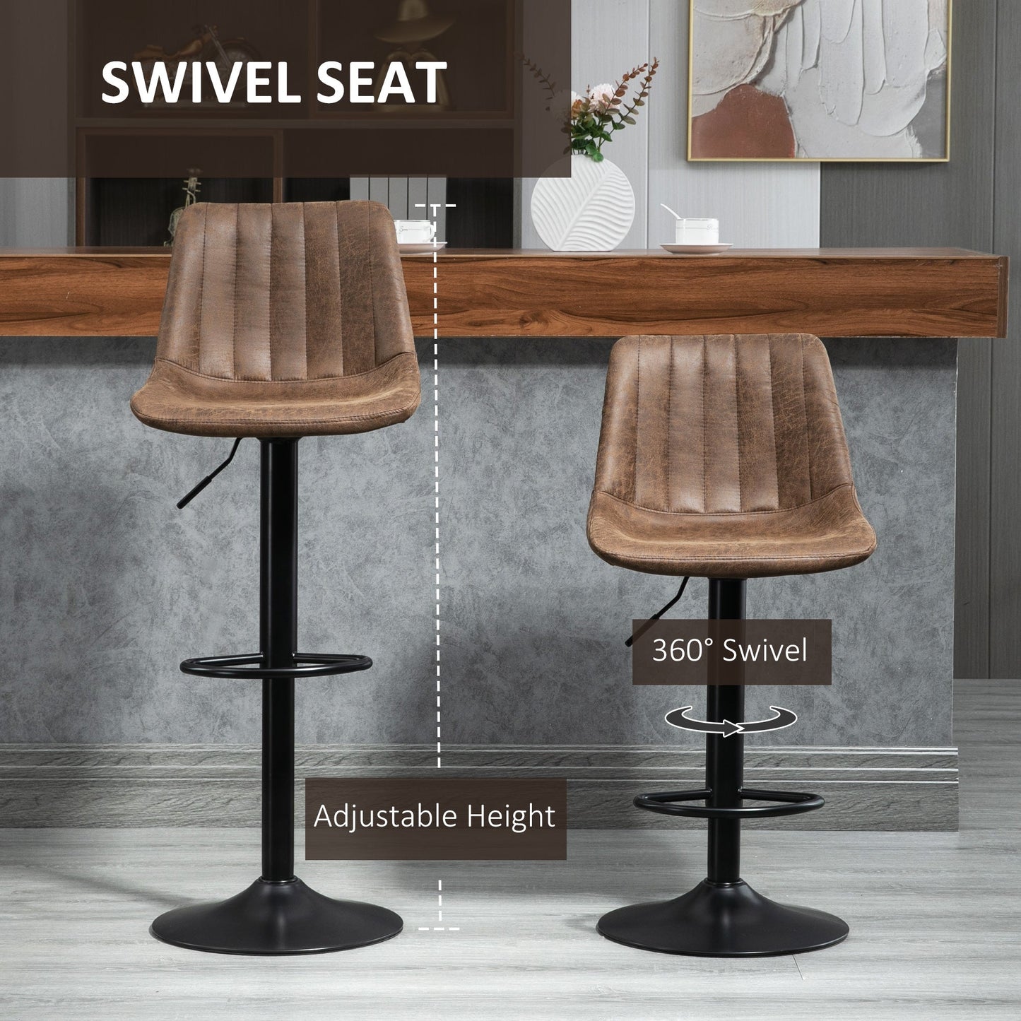 HOMCOM Adjustable Bar Stools Set of 2 Counter Height Barstools Dining Chairs 360¡ Swivel with Footrest for Home Pub, Brown