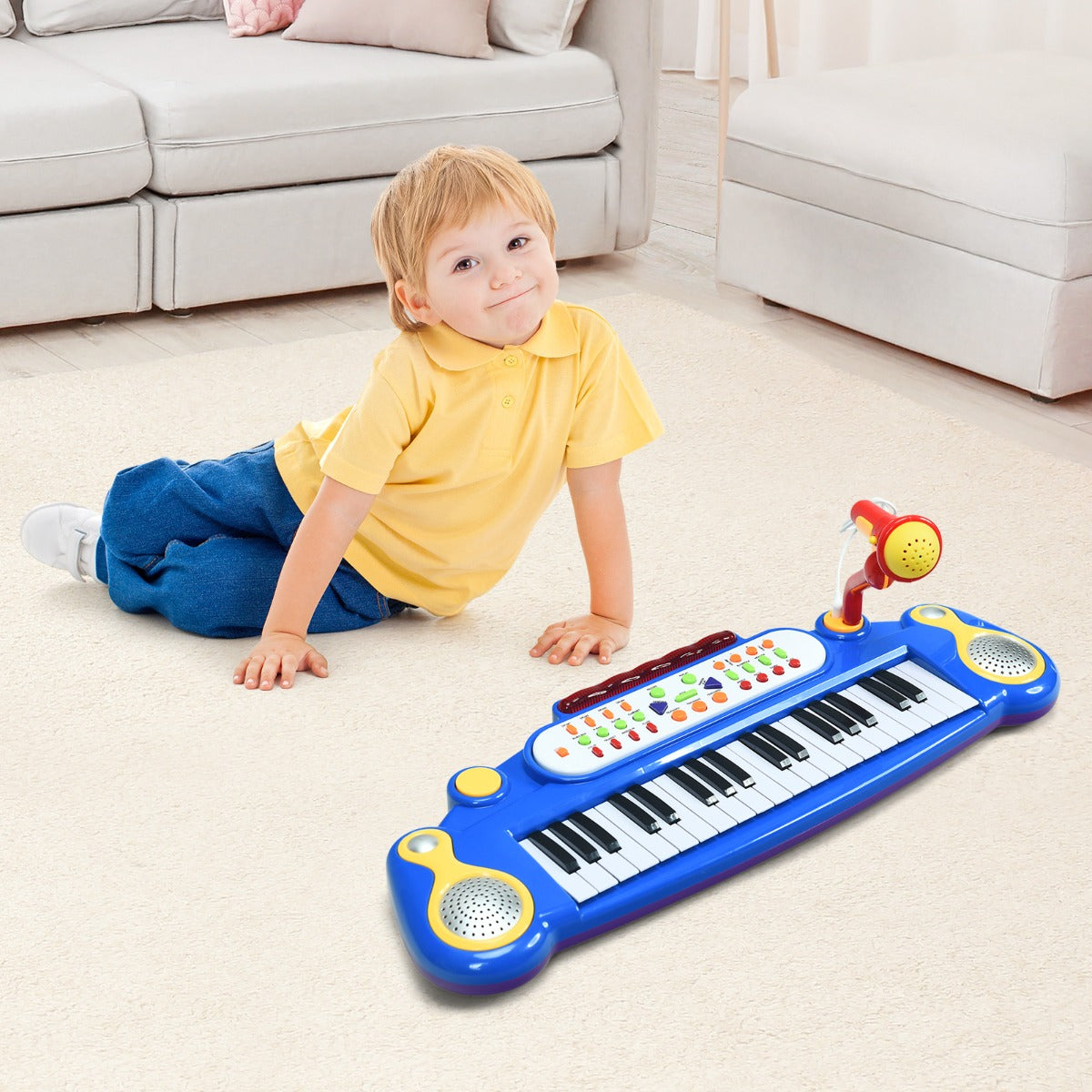 37 Keys Children's Stand Keyboard with Microphone and Light-Blue