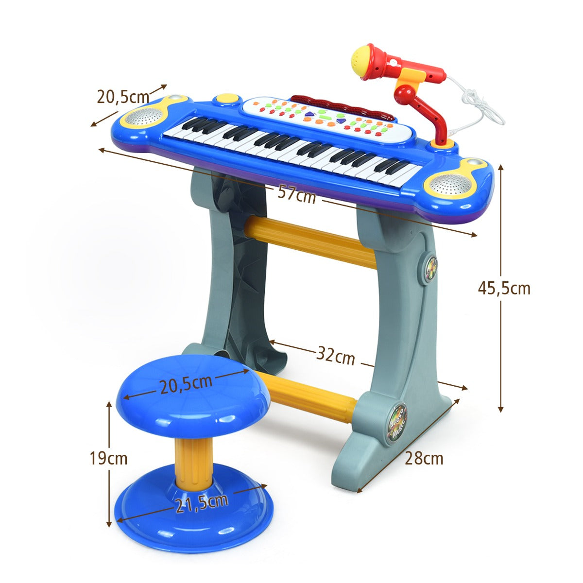 37 Keys Children's Stand Keyboard with Microphone and Light-Blue