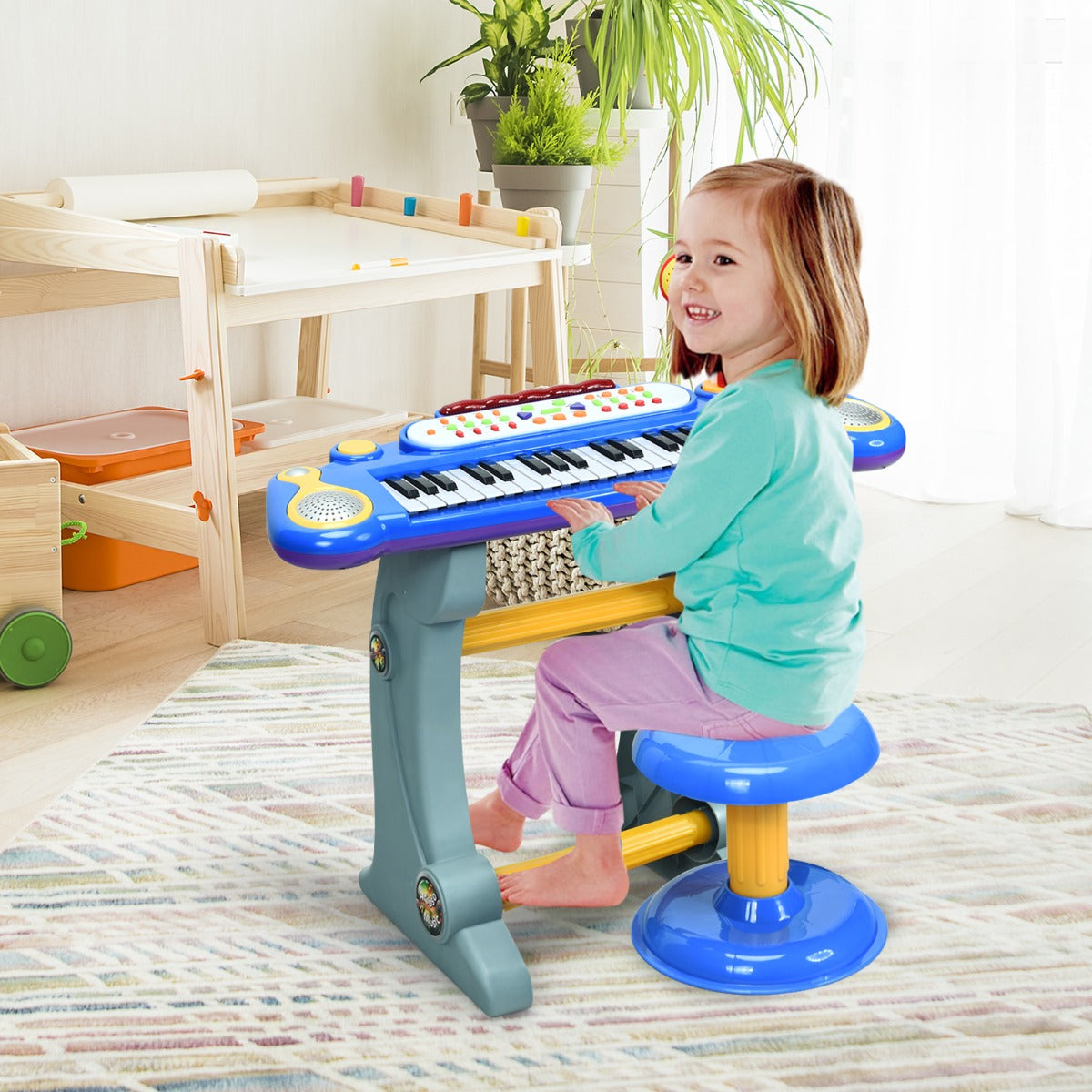 37 Keys Children's Stand Keyboard with Microphone and Light-Blue