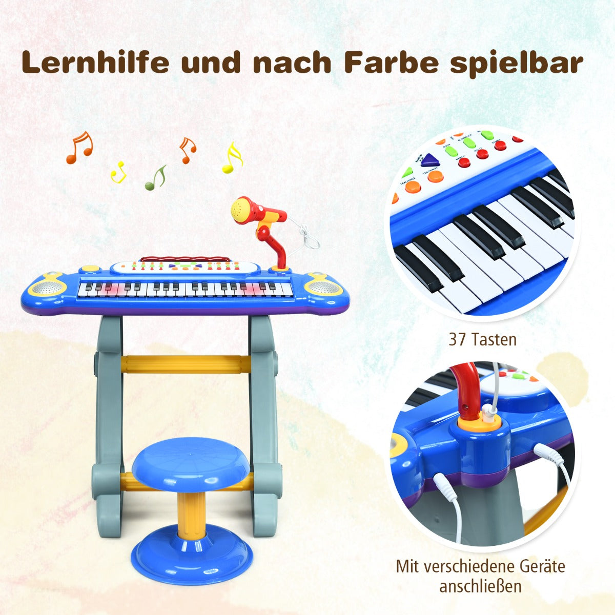 37 Keys Children's Stand Keyboard with Microphone and Light-Blue