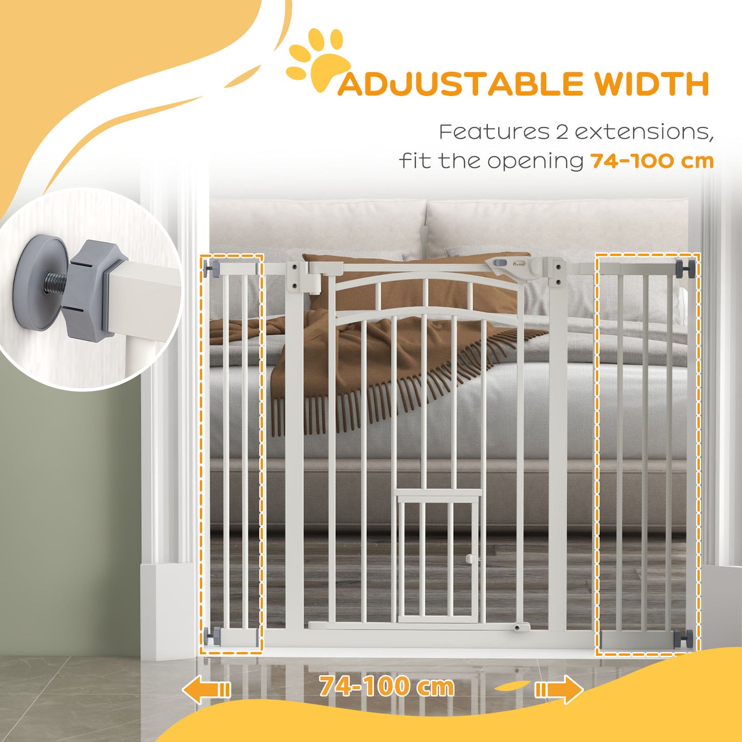 PawHut Pressure Fit Stair Dog Gate z drzwiczkami dla małych kotów, automatycznie zamykane drzwi, podwójna blokada, do otworów o szerokości 74-100 cm - biały