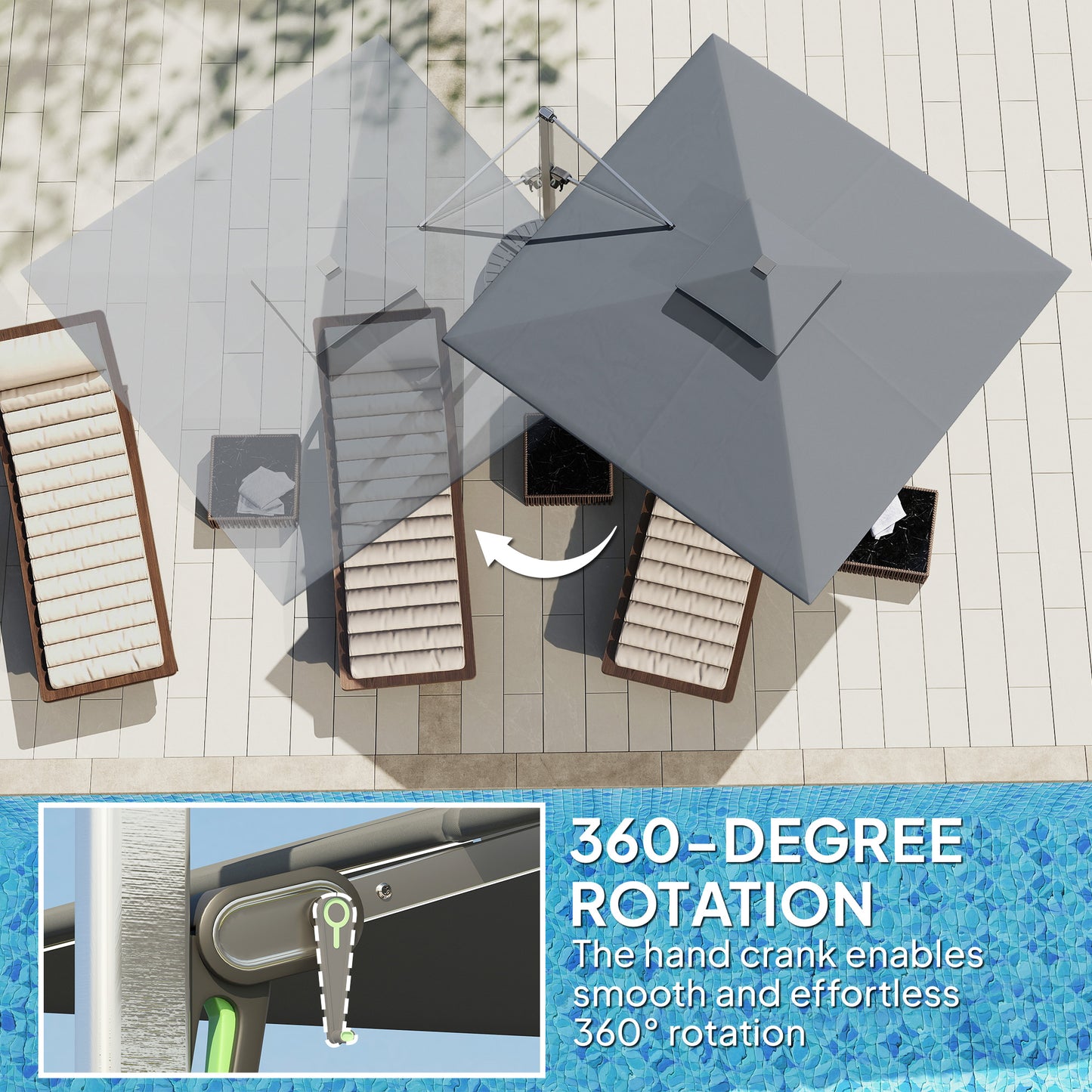 Outsunny 3(m) Parasol ogrodowy z wysięgnikiem i lampami LED zasilanymi energią słoneczną, podstawa krzyżowa, obrót 360√Ǭ∞, korba i pochylenie, szary