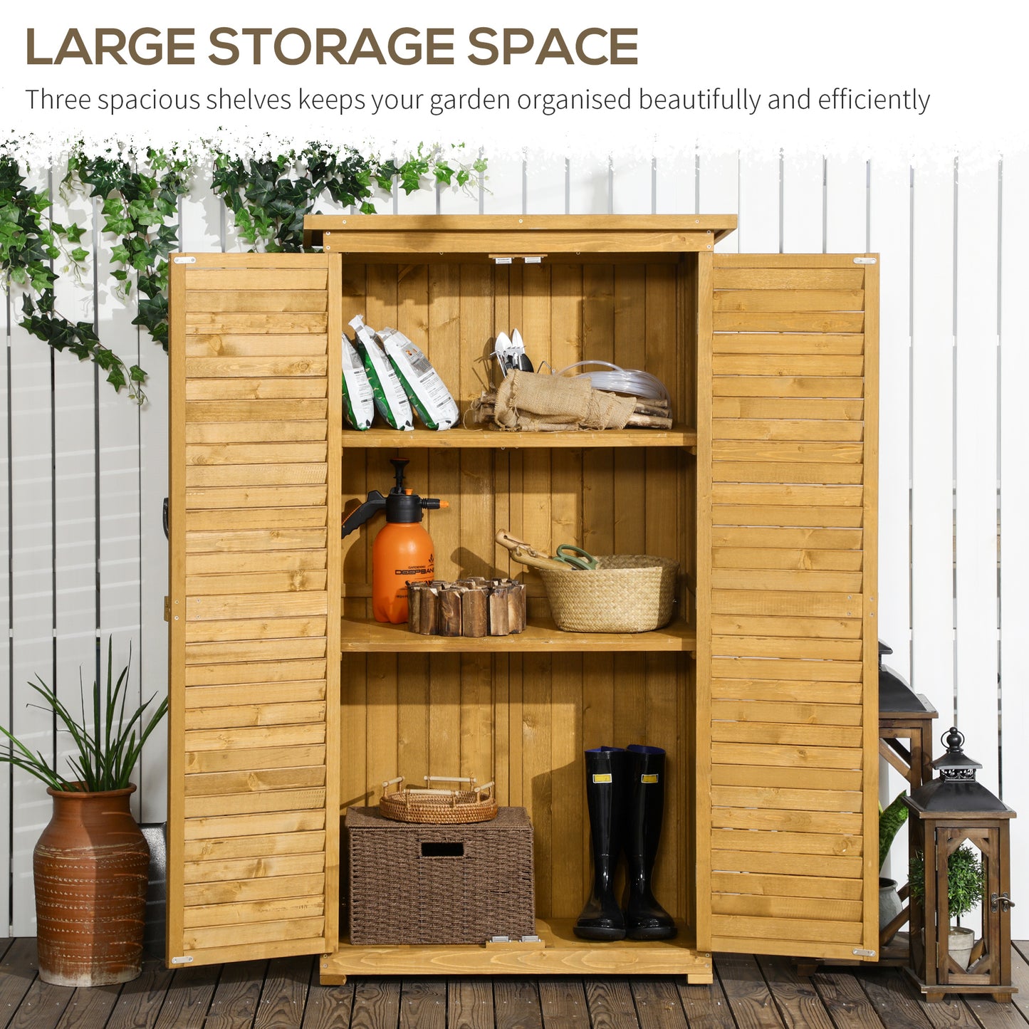 Outsunny Drewniany schowek ogrodowy, kompaktowy moduł użytkowy, 3-poziomowy organizer na narzędzia z dachem asfaltowym i konstrukcją okiennicy, 87 cm x 47 cm x 160 cm
