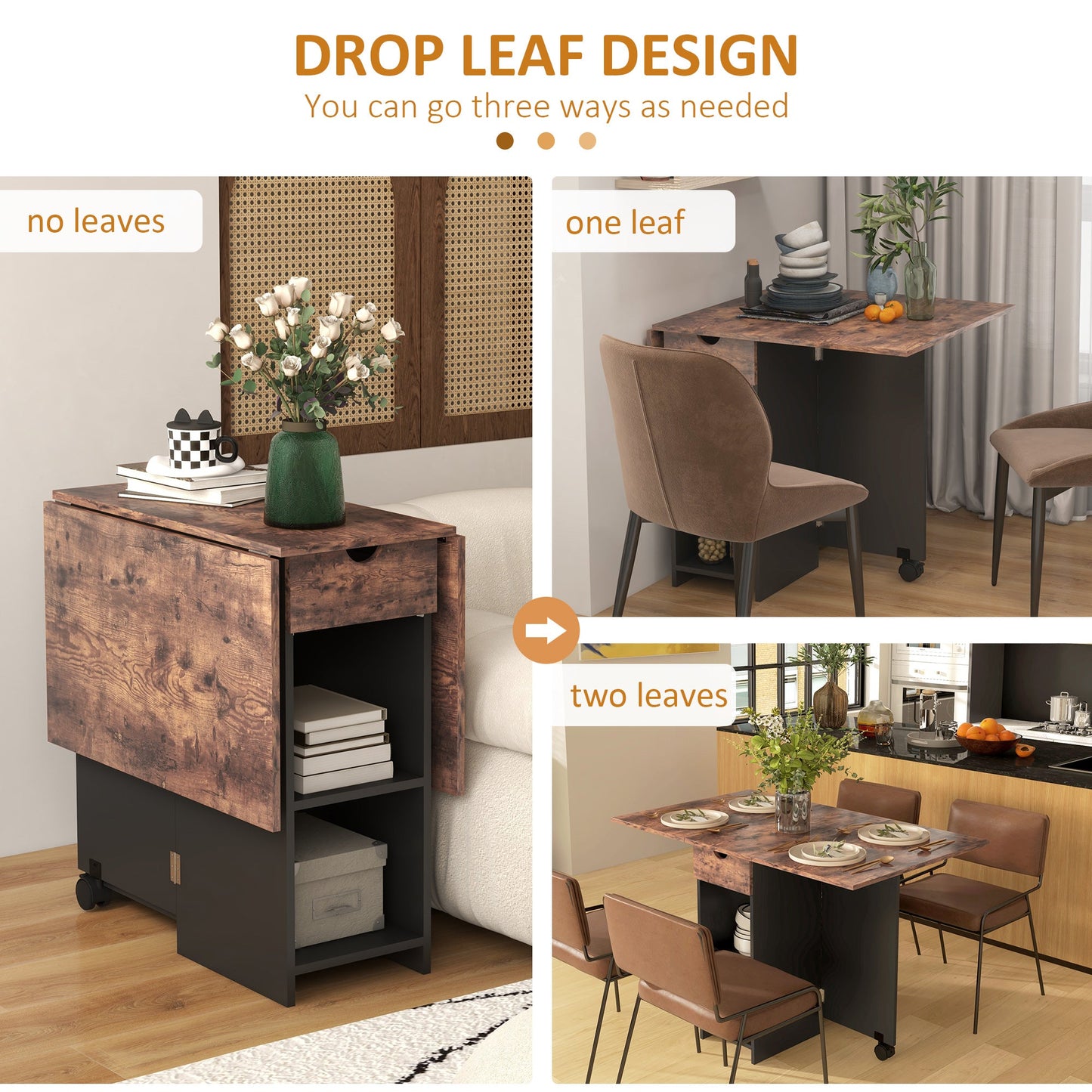 HOMCOM Folding Dining Table, Drop Leaf Table for Small Spaces, Foldable Table with Drawer and Storage Shelves for Kitchen, Dining Room, Rustic Brown