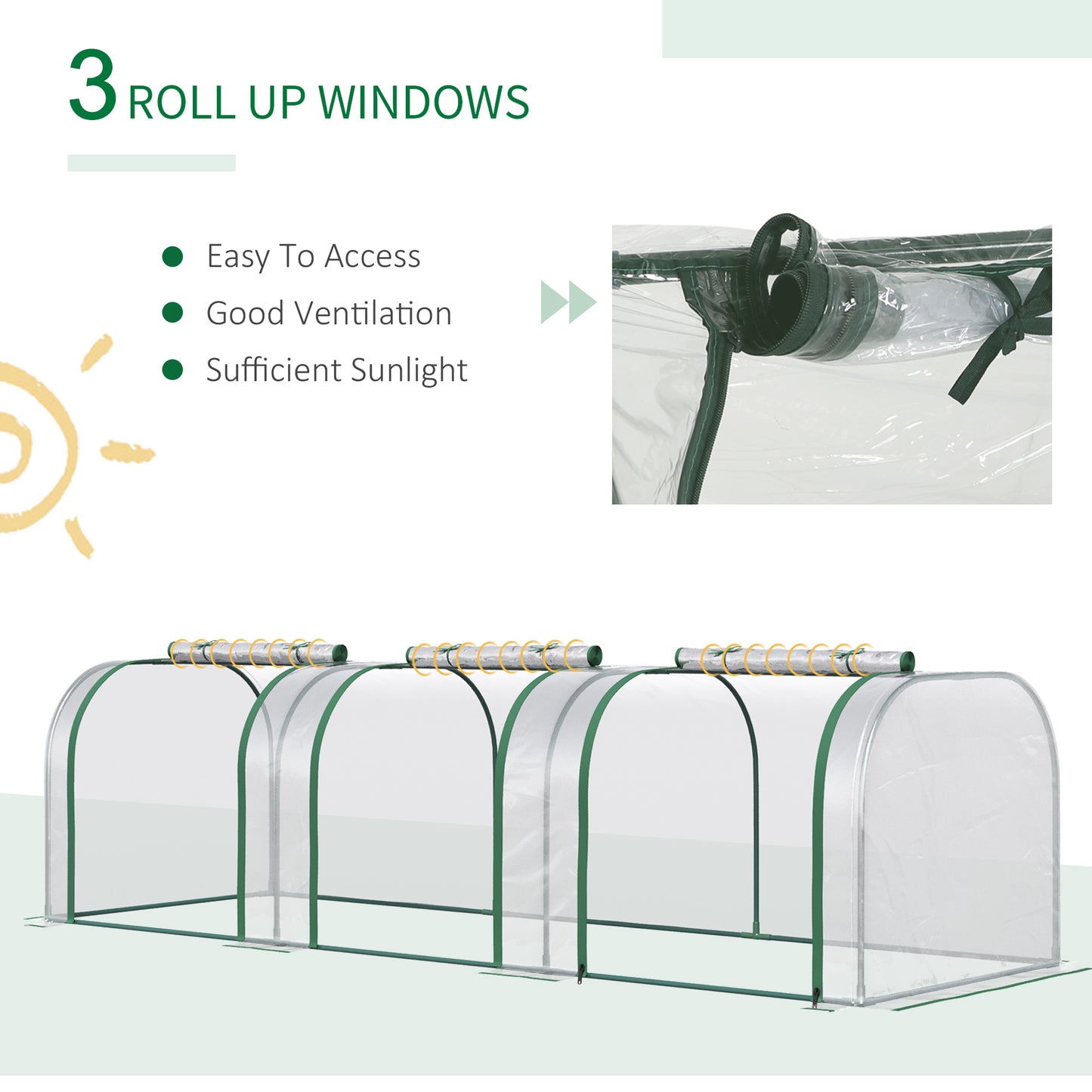 Outsunny PVC Tunnel Green Grow House Stalowa rama do ogrodu na podwórko z drzwiami na suwak 295x100x80 cm, przezroczysty