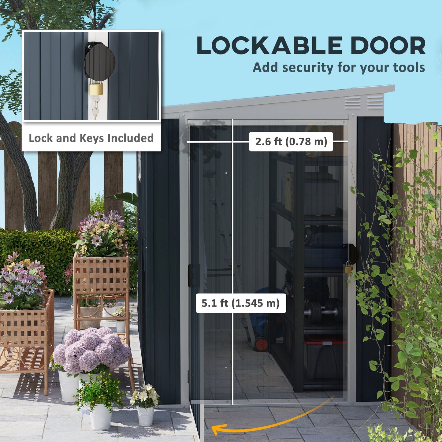 Outsunny 7.6 x 4ft Garden Metal Shed, Outdoor Storage Shed with Window, 2 Vents and Lockable Door for Garden, Patio, Dark Grey