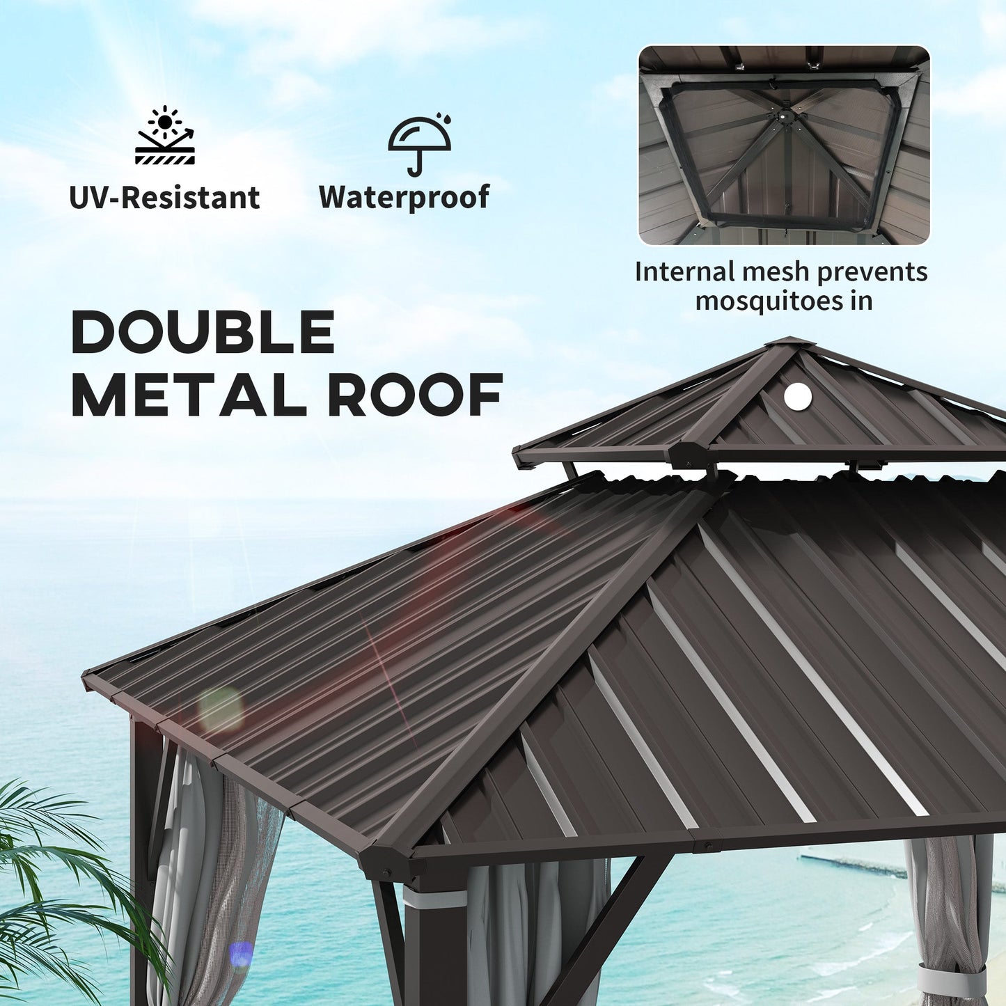 Outsunny 3 x 3(m) Hardtop Gazebo Canopy z podwójnym metalowym dachem, wodoodporny, stały pawilon ogrodowy z siatką i zasłonami, łatwy w montażu