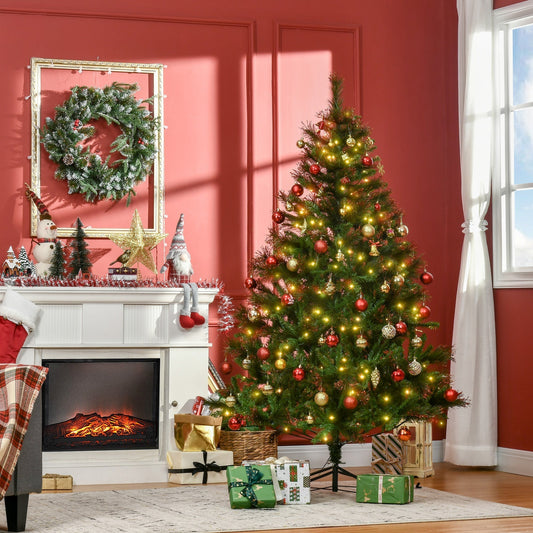 HOMCOM 1.8m 6ft Pre-Lit Christmas Tree Artificial Spruce Xmas Tree Warm White LED Holiday Decor with Metal Stand