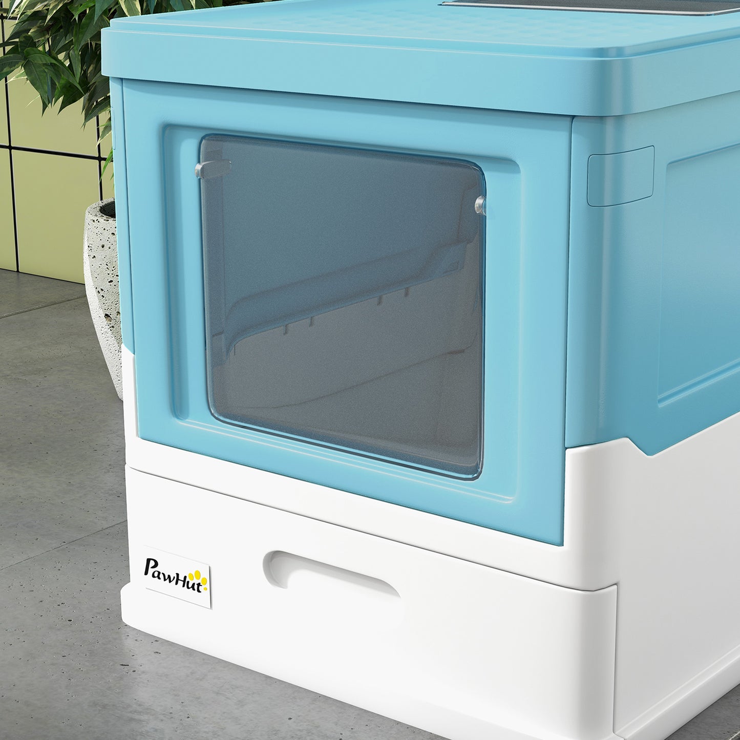 PawHut Hooded Cat Litter Box, Portable Pet Toilet, with Scoop, Front Entry - Light Blue