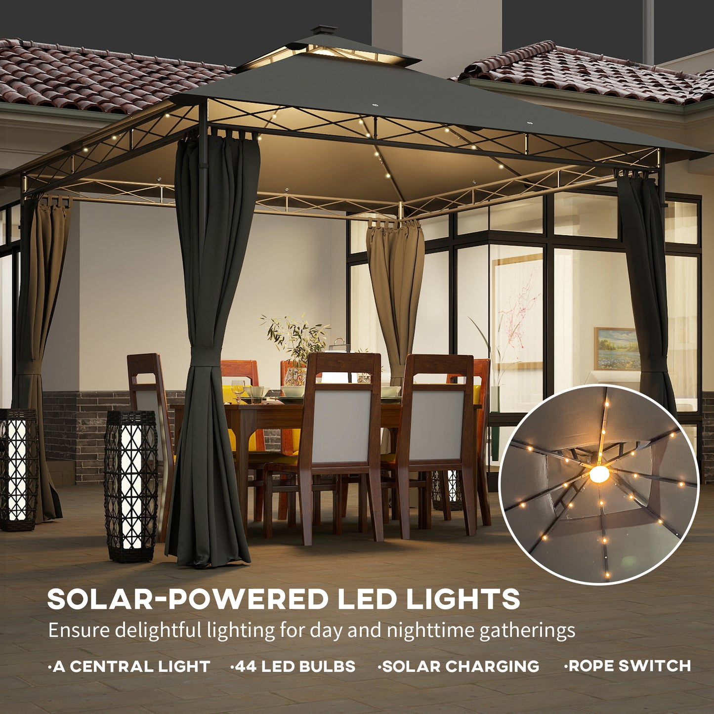 Outsunny 3 x 3 m Solar LED Metalowa Altana - Ciemnoszara