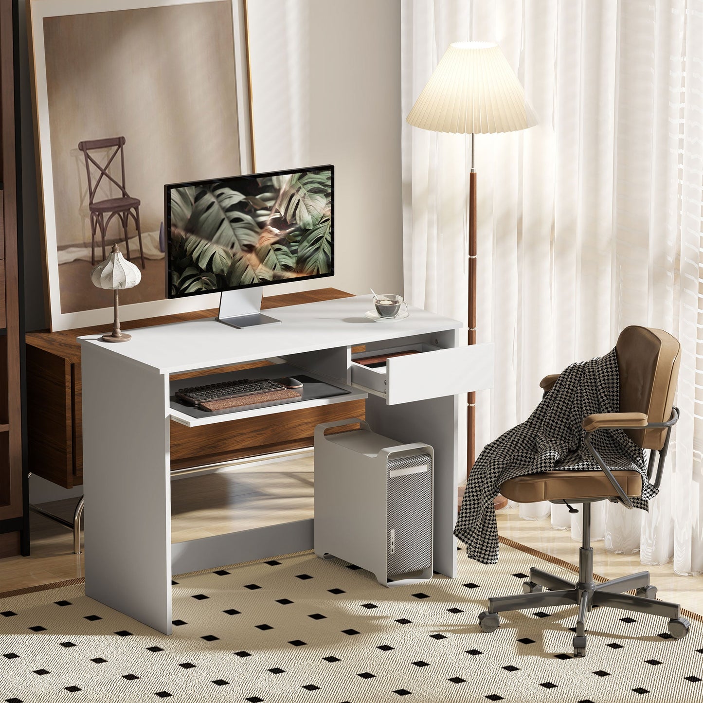 HOMCOM 100cm Compact Computer Desk with Keyboard Tray, Home Office Desk with Drawer for Bedroom Study, White
