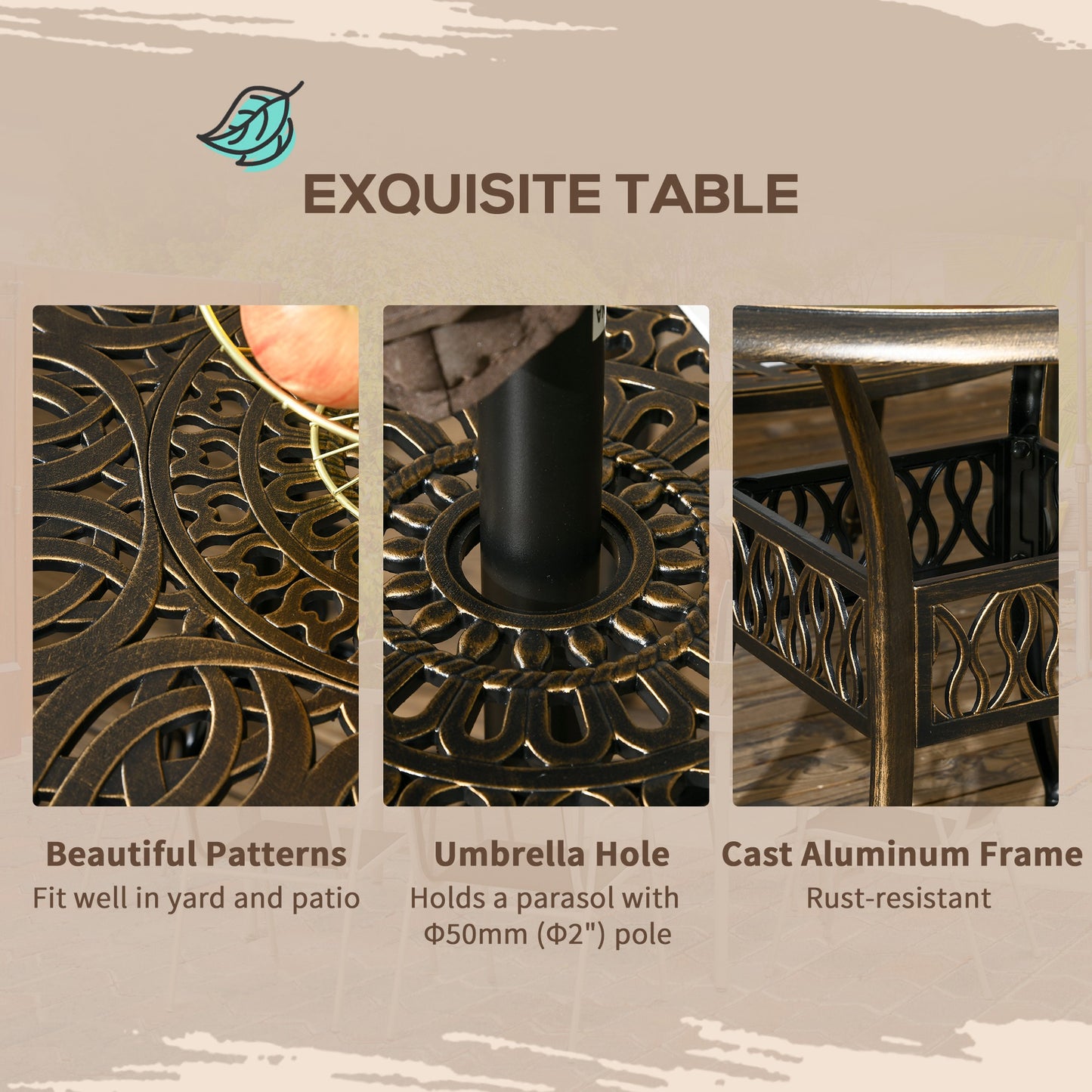 Outsunny 5-Piece Outdoor Furniture Dining Set, Cast Aluminum Conversation Set Includes 4 Chairs and â90cm Round Table with â50mm Umbrella Hole for Patio Garden Deck, Flower Design