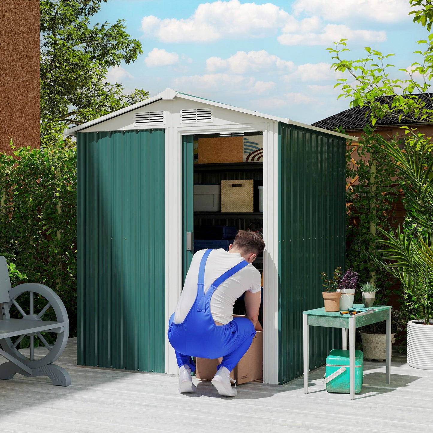 سقيفة تخزين الأدوات المعدنية من Outsunny Garden مع باب منزلق، وسقف مائل وأساس أرضي، 152 × 132 × 188 سم، أخضر