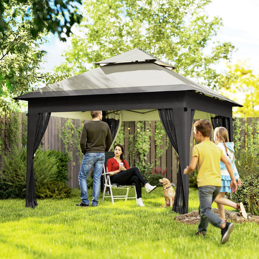 Outsunny 3 x 3(m) Pop Up Gazebo with Mosquito Netting, 1 Person Easy up Marquee Party Tent with 1-Button Push, Double Roof, Carry Bag, Sandbags, Height Adjustable Instant Shelter, Grey