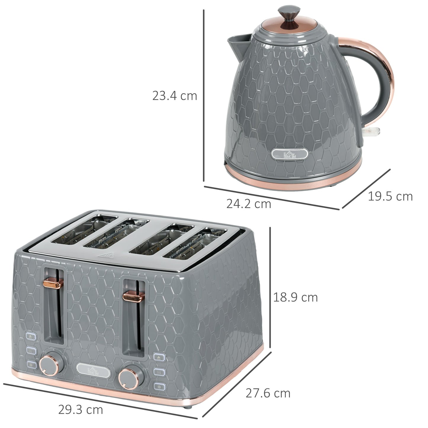 Zestaw czajnika i tostera HOMCOM 1,7 l 3000 W z funkcją szybkiego gotowania i 4 kromkami, zestaw czajnika i tostera z 7 pokrętłami do przyrumienienia, tacka na okruchy, szary