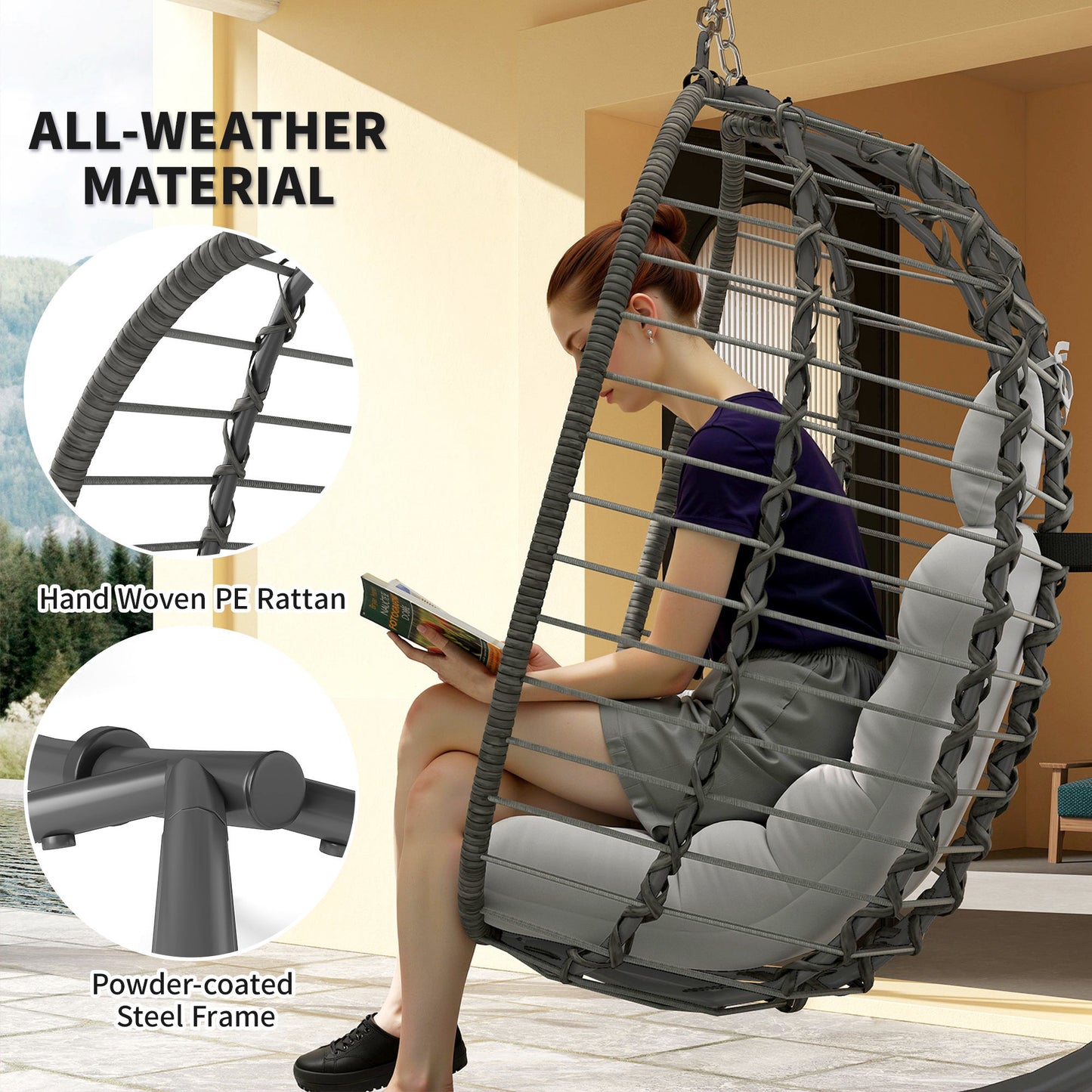 Outsunny Rattan Wiszący Fotel Jajko, Składany Wiklinowy Fotel Hamakowy z Poduszką, Stojak, Regulowana Wysokość, Poduszka Zagłówka, Stalowa Rama Do Ogrodu Patio Wewnątrz Na Zewnątrz, Jasnoszary