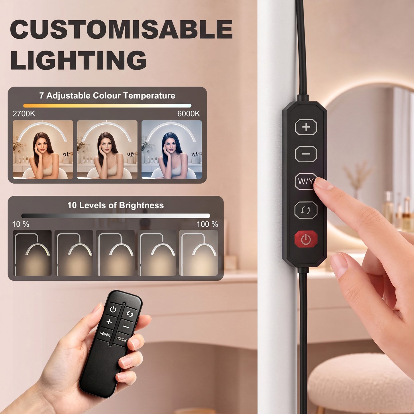 HOMCOM Half Moon Lash Light, 350° Rotatable Head, 7 Colours, Dimmable Beauty Floor Lamp, White