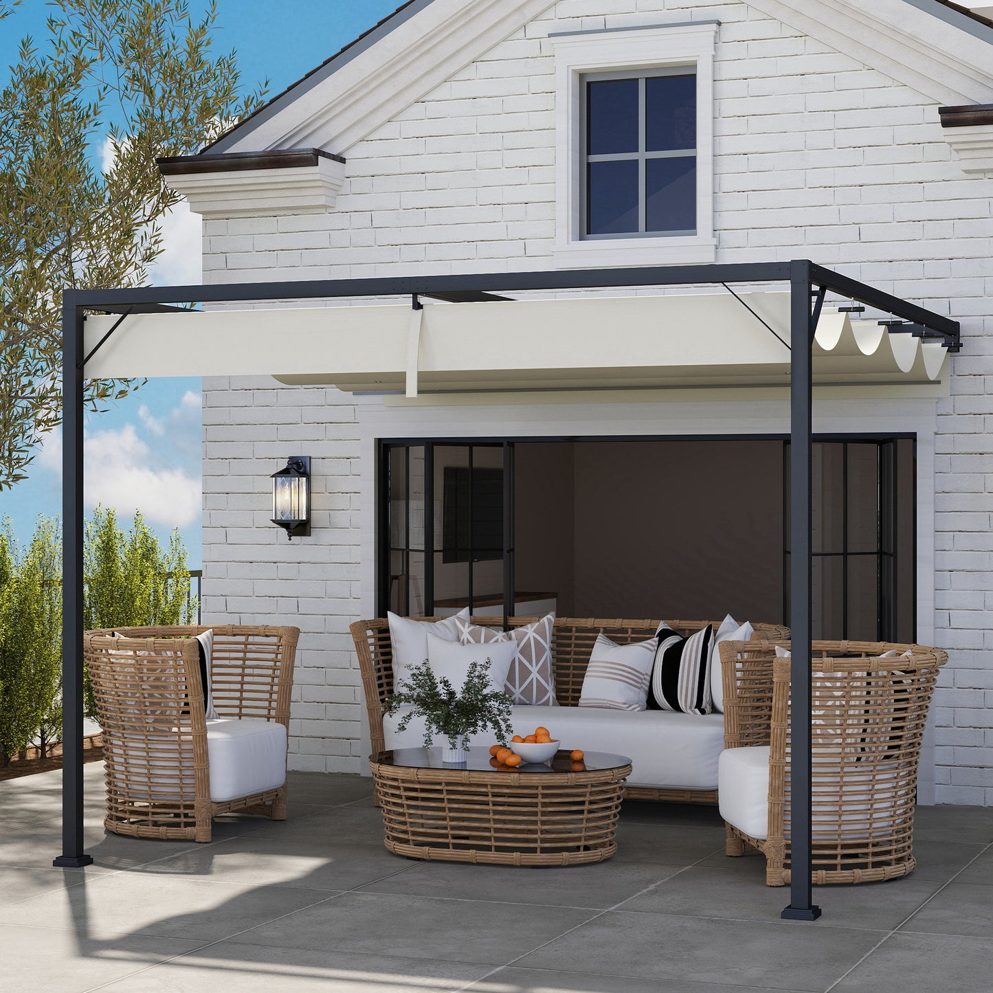 Outsunny 3 x 3(m) Pergola zewnętrzna z chowanym daszkiem - kremowo-biała