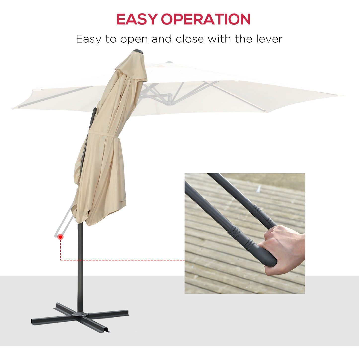 Parasol ogrodowy Outsunny 3 m z wysięgnikiem i łatwą dźwignią, z korbą, podstawą krzyżową i 6 metalowymi żebrami, markizy przeciwsłoneczne do ogrodu, białe