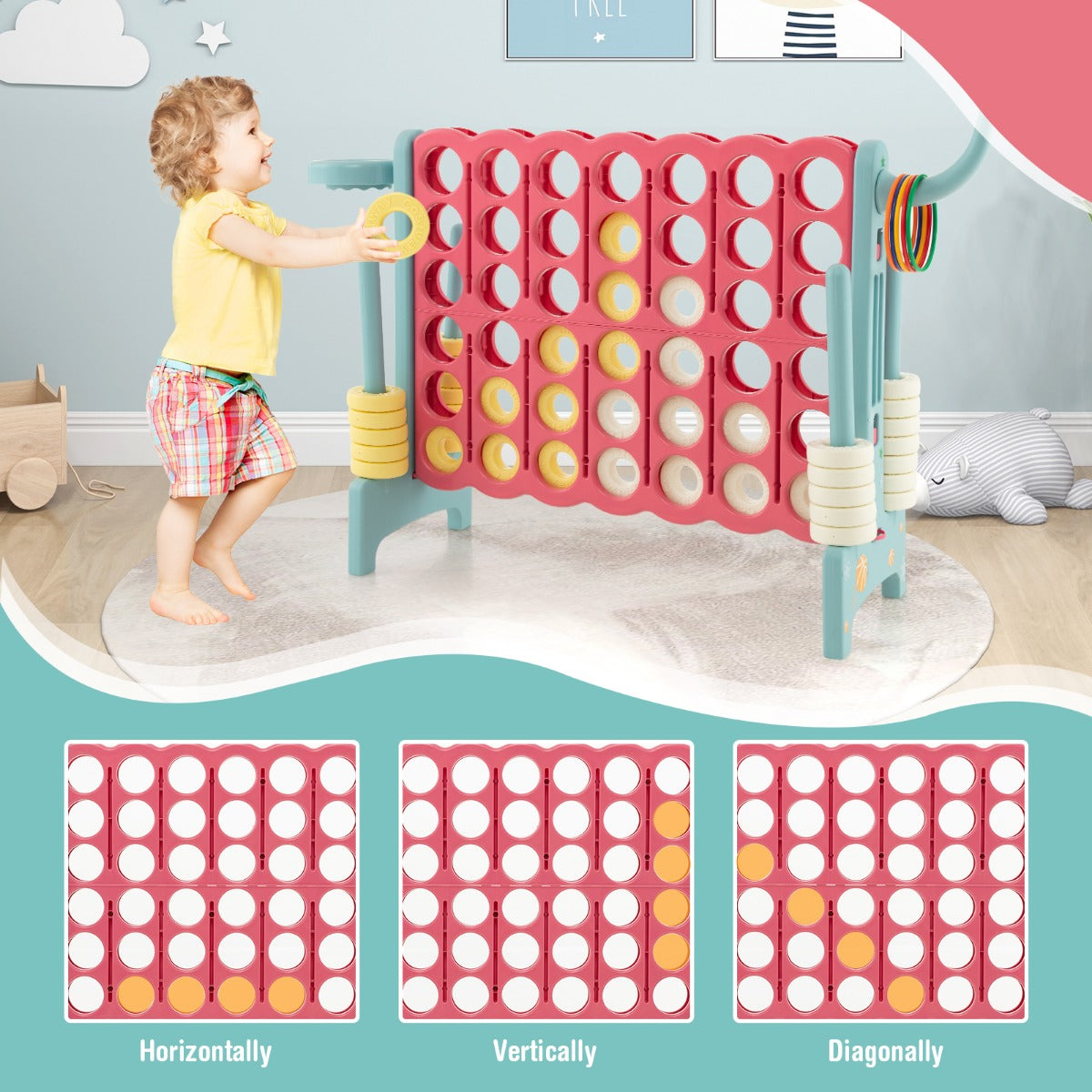 Upgraded 4-to-Score Game Set with Basketball Hoop and Toss Ring for Kids and Adults-Navy
