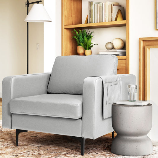 Upholstered Single Sofa Chair with Magazine Caddy Holder and Metal Legs-Grey
