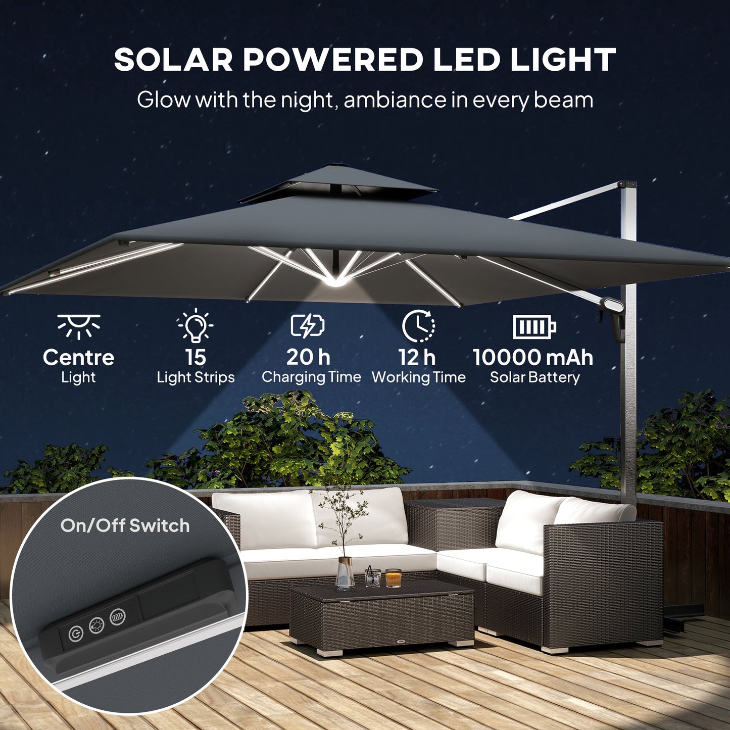 Outsunny 3(m) Parasol ogrodowy z wysięgnikiem i lampami LED zasilanymi energią słoneczną, podstawa krzyżowa, obrót 360√Ǭ∞, korba i pochylenie, szary