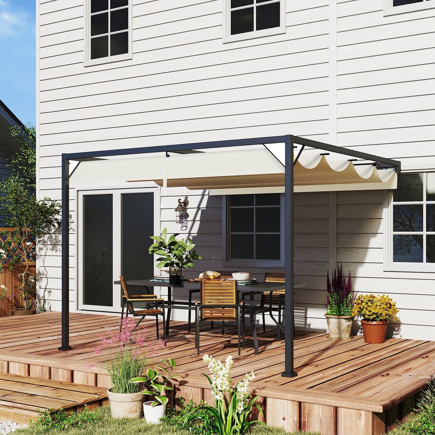 Outsunny 3 x 3(m) Pergola zewnętrzna z chowanym daszkiem - kremowo-biała