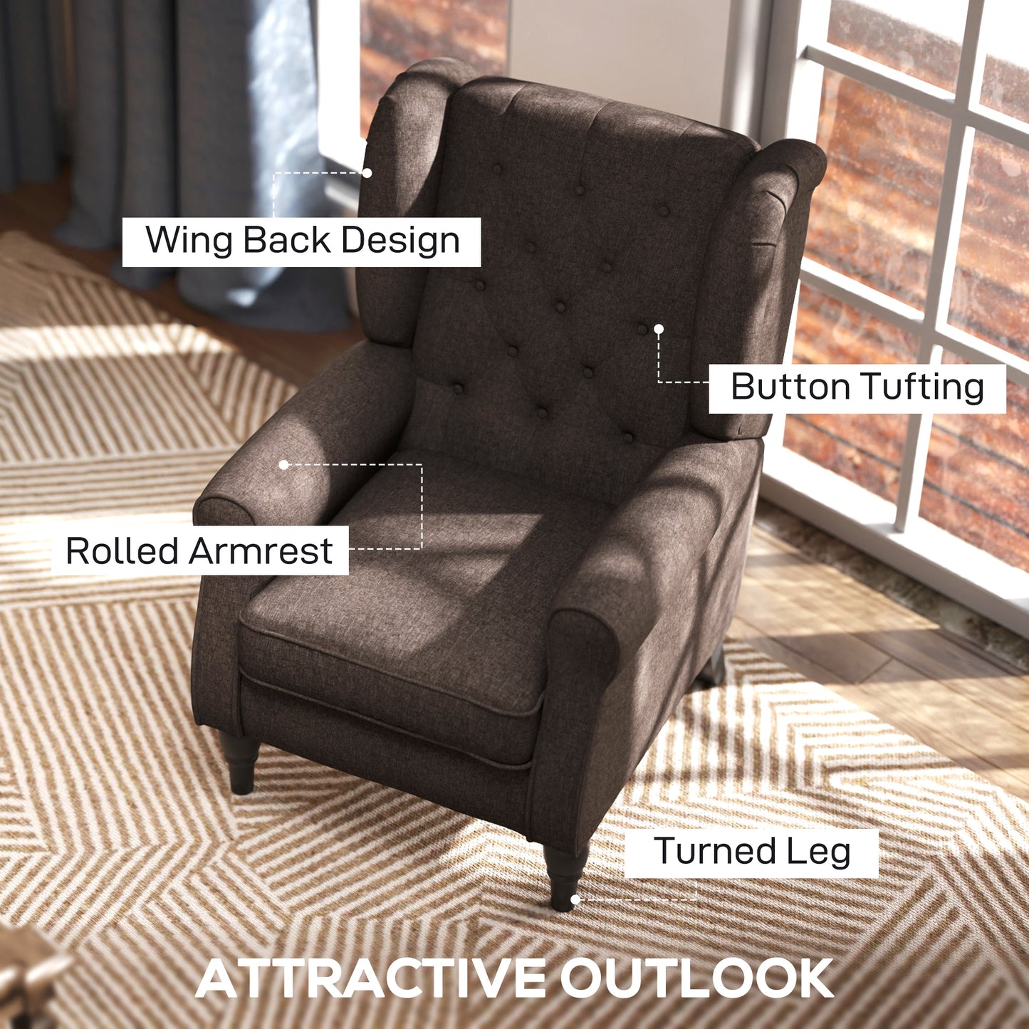 HOMCOM Retro Accent Chair, Linen Wingback Armchair with Wood Frame Button Tufted Design for Living Room Bedroom, Brown