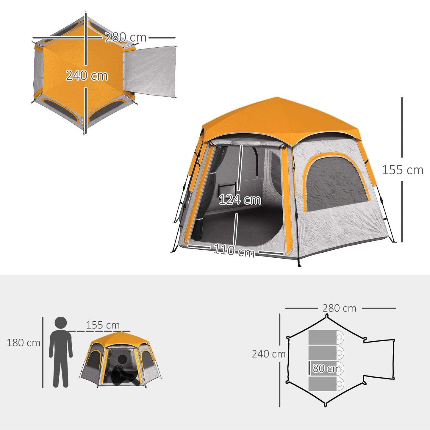 Outsunny Instant Pop Up Camping Tent, 2/3/4 osobowy, łatwy w rozkładaniu namiot rodzinny z przedsionkiem, tropikiem, 4 oknami z siatki i 2 drzwiami, sześciokątny design, wodoodporny i z ochroną UV, jasnoszary