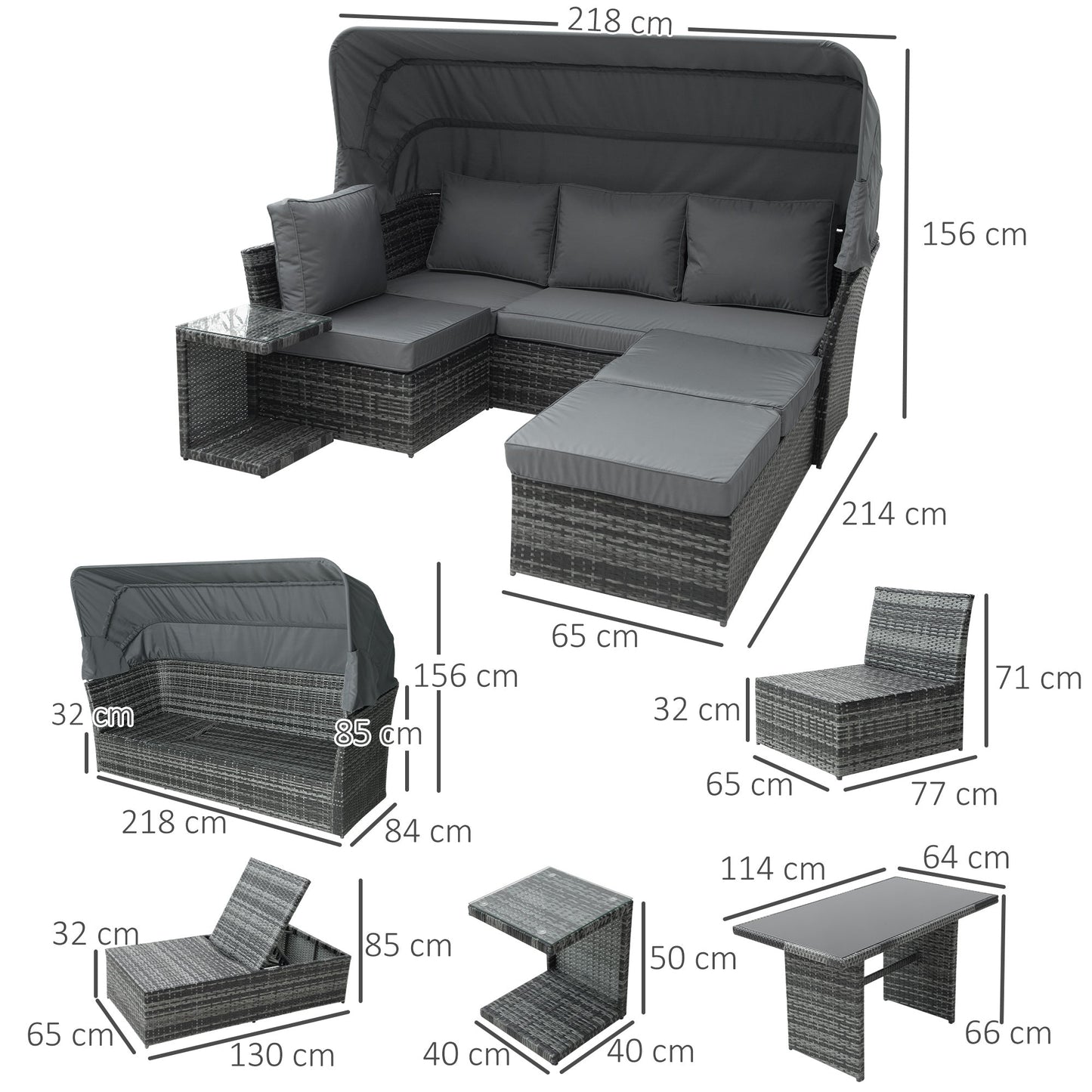 Outsunny 5-częściowy zestaw ogrodowy z rattanu i wikliny, rozkładana sofa, regulowany baldachim i stolik boczny, zestaw stołowy, meble do rozmów narożnych z poduszkami, mieszany szary