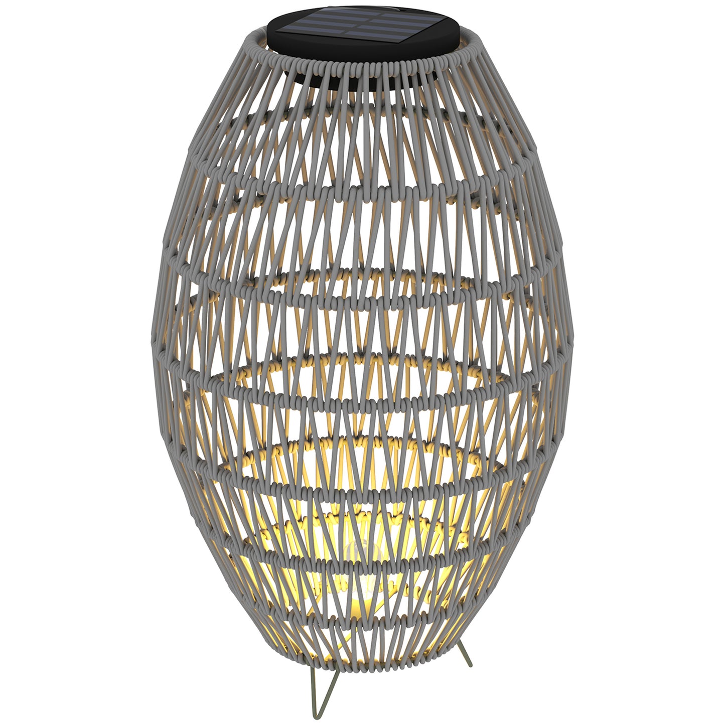 Lampa solarna Outsunny Rattan, ogrodowa lampa solarna z automatycznym włączaniem/wyłączaniem, wodoodporna IP44, dekoracyjna lampa zewnętrzna z rattanu na werandę i ścieżkę, szara