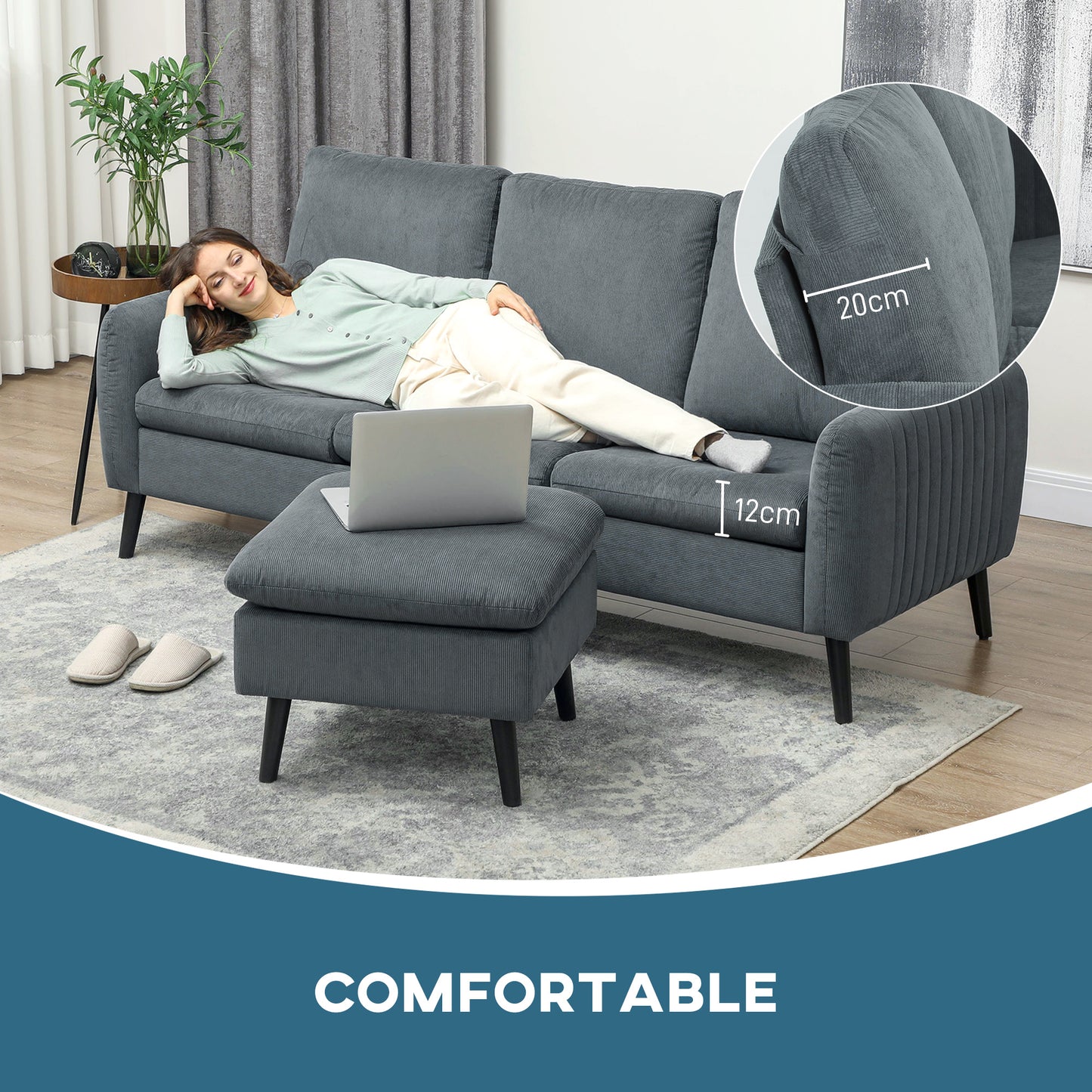 HOMCOM Fabric Sofa with Ottoman, Corduroy L-shaped Sofa Couch with Scatter Back, Reversible 3-Seater Chaise Lounge for Living Room, Home Office, Small Spaces, Charcoal Grey