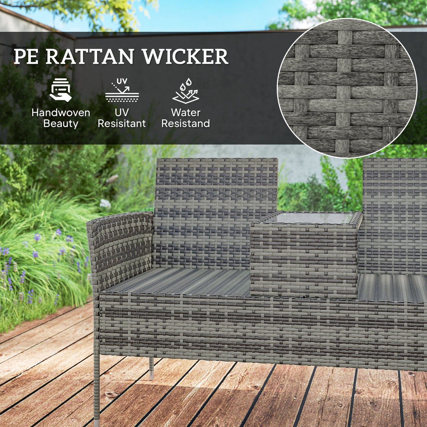 Krzesło Outsunny Two-Seat Rattan z środkowym stolikiem - Charcoal Grey