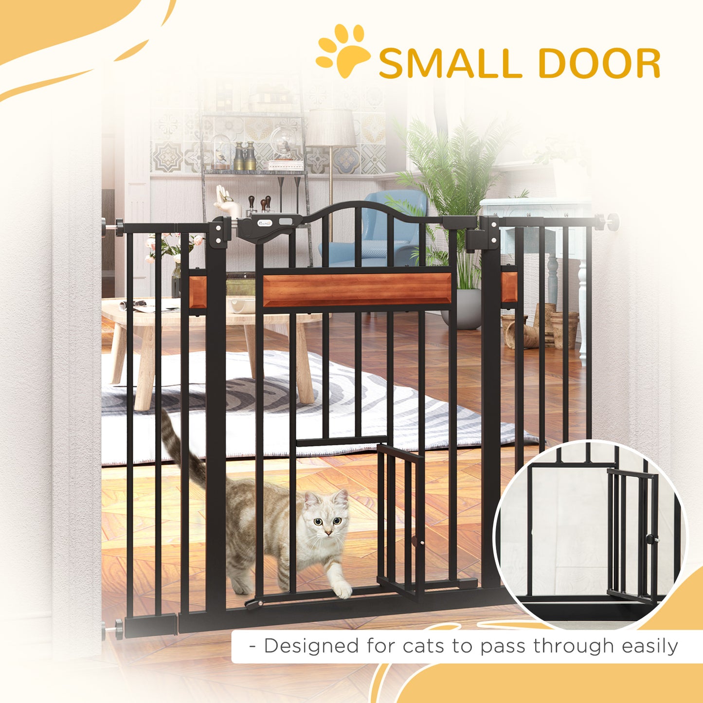 Bramka zabezpieczająca dla zwierząt PawHut Pet Gate z drzwiczkami dla kota, zamykana automatycznie, na schody, drzwi, korytarze, szerokość 74-105 cm - czarna