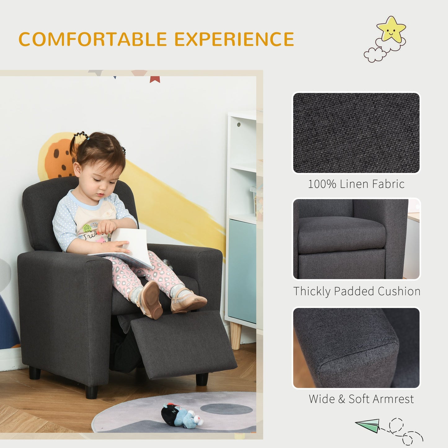 HOMCOM 2 w 1 Sofa Fotel Dziecięcy z Podnóżkiem do Dziecięcego Pokoju, Sypialni, Salonu, 55 x 50 x 67 cm, Szary