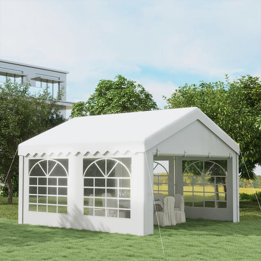 Outsunny 4m x 4m Marquee Party Tent, Heavy Duty Wedding Canopy with Sidewalls, Doors, Windows, Galvanised Garden Gazebo for Parties Events, White
