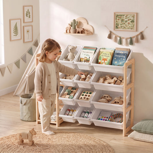 AIYAPLAY Toy Storage Organiser with 3 Shelves and 12 Bins, Wooden Toy Organiser for Playroom, Bedroom, Nursery, Natural