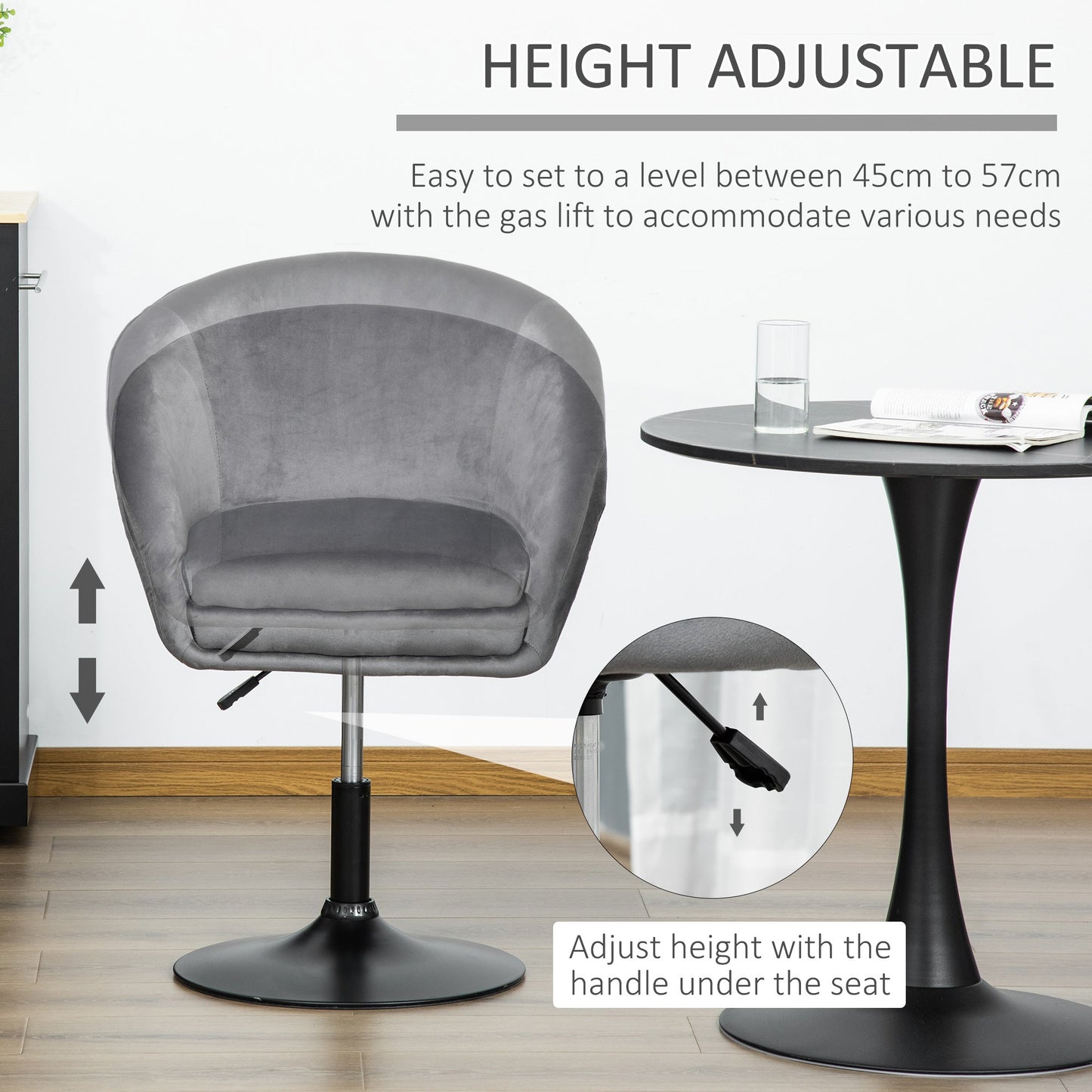 HOMCOM Dressing Table Chair, 360 Swivel Velvet-feel Upholstered Vanity Chair with Tub Seat, Back, Adjustable Height for Bedroom Makeup, Grey