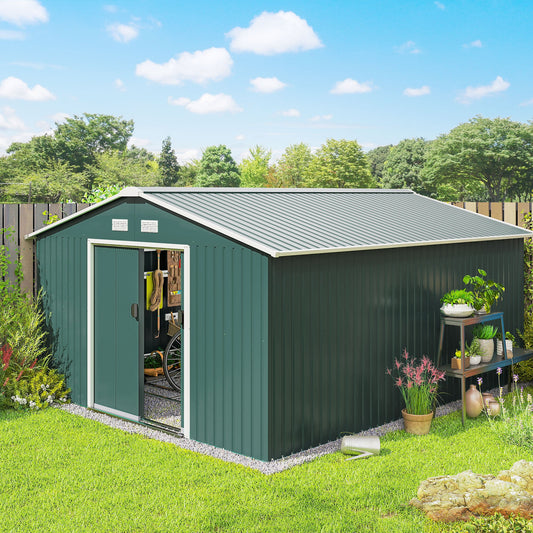 Outsunny 12.5 x 11.1ft Steel Sliding Door Storage Shed - Green