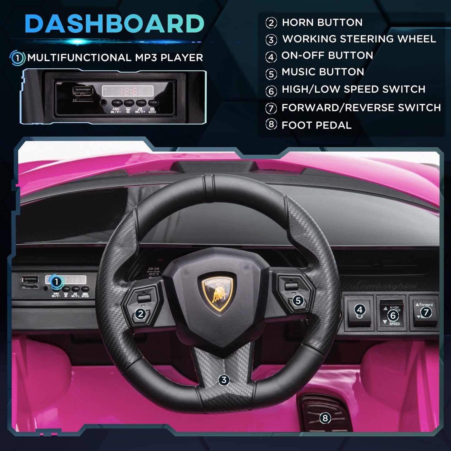 HOMCOM Lamborghini Sian Licencjonowany 12V Elektryczny Samochód Dziecięcy Do Jazdy 2 Silniki Zabawka Samochodzik Z Pilotem Muzyka Światła MP3 dla 3-5 Lat Różowy