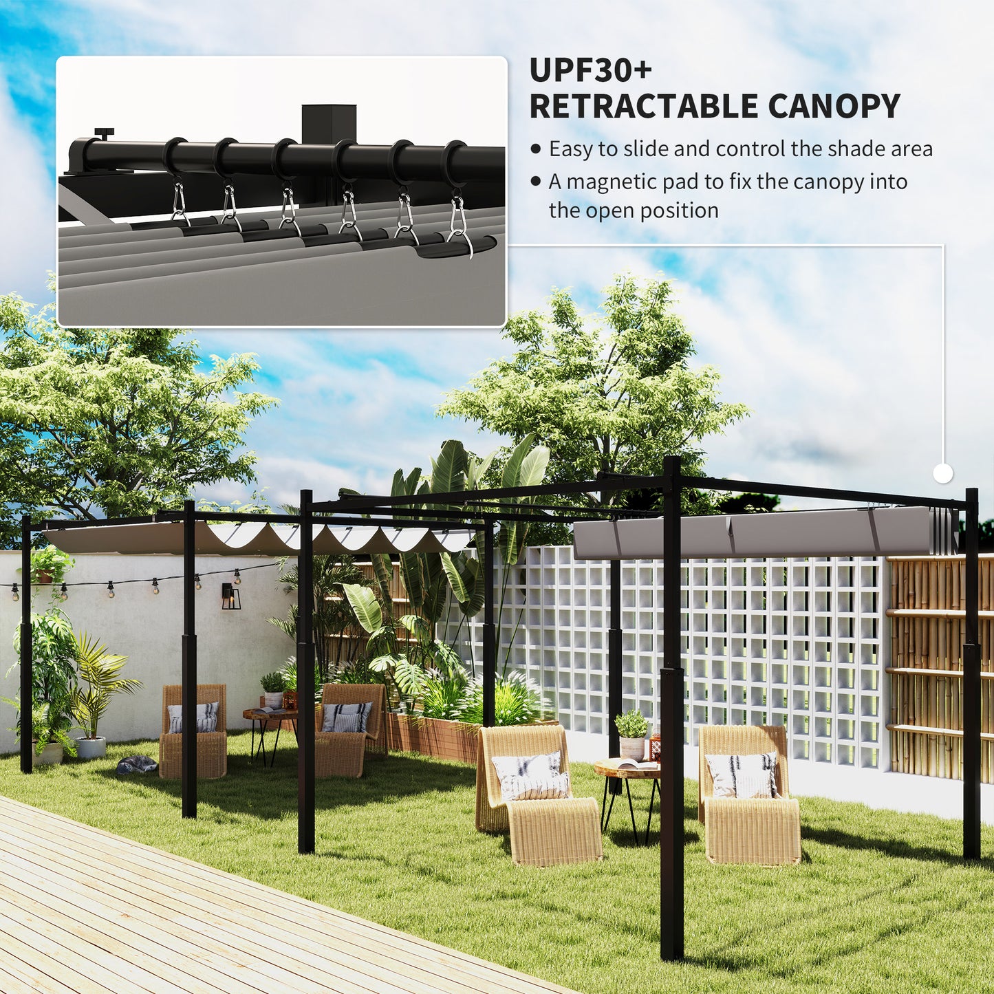 Pergola metalowa Outsunny 3 x 3(m) z rozsuwanym dachem i magnetycznym mocowaniem, zestaw ogrodowy z altaną i markizą przeciwsłoneczną, UPF30+, kolumna metalowa 80 mm, kolor szary