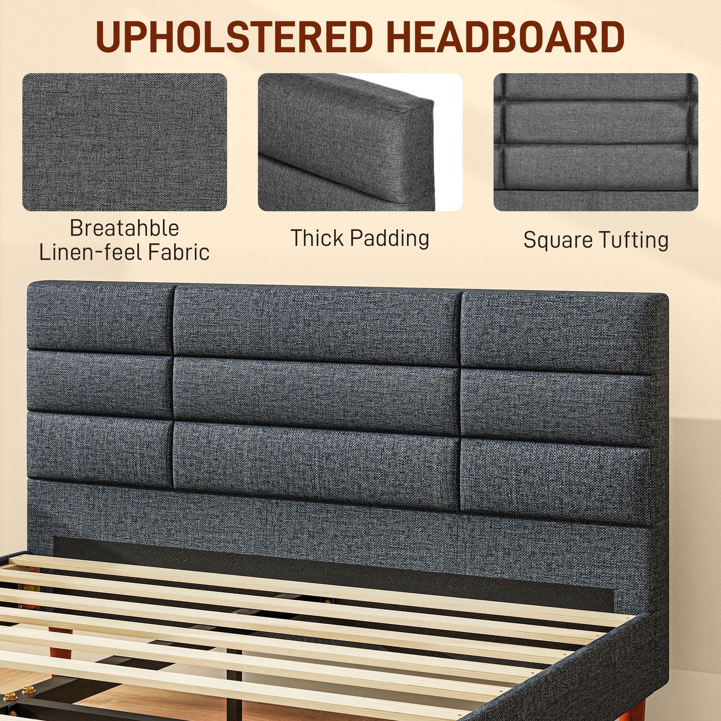 HOMCOM Upholstered Double Bed Frame 136W x 196D x 87Hcm with Slats - Grey