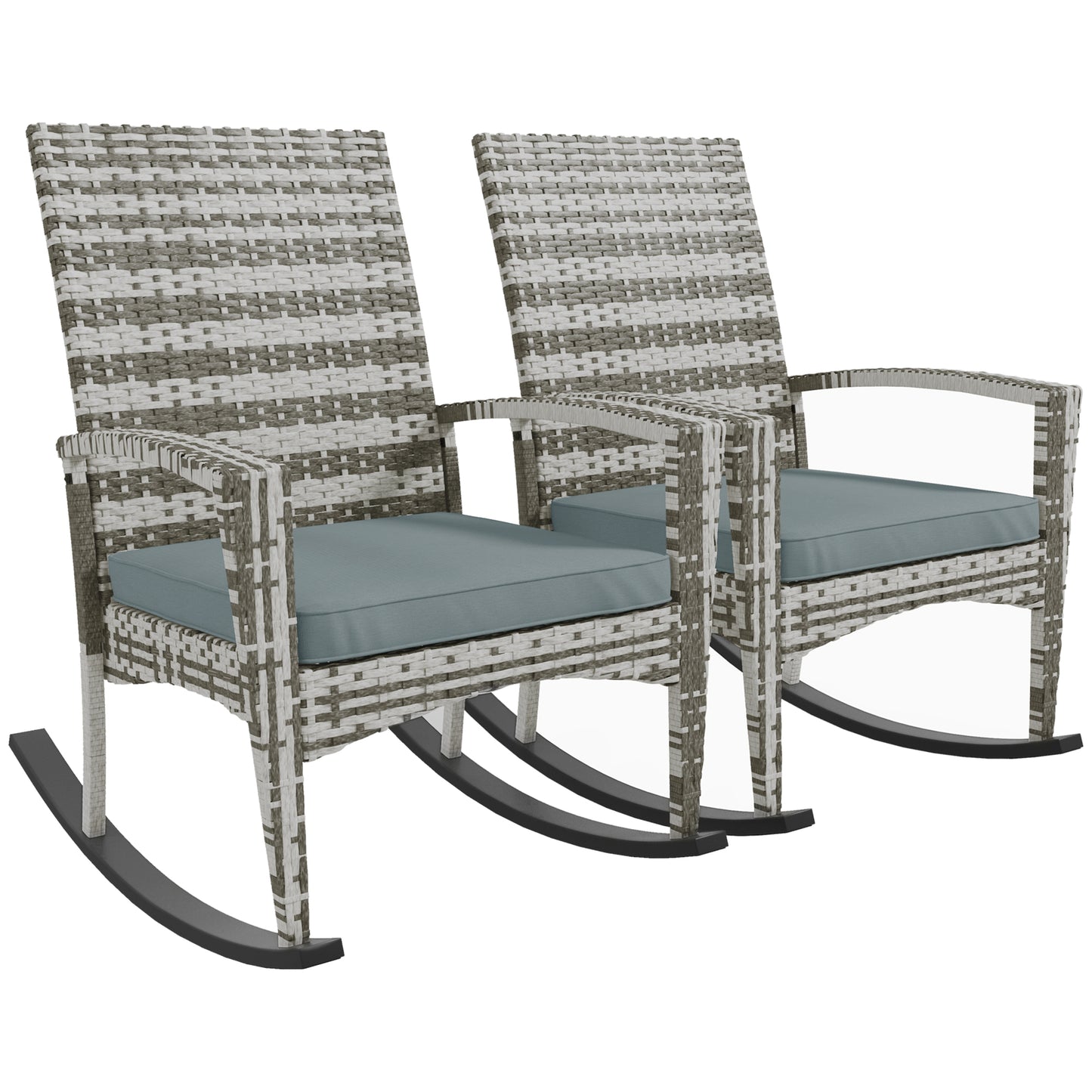 Outsunny Outdoor PE Rattan Rocking Chair Set of 2, Zestaw ogrodowych bujanych krzeseł z podłokietnikiem i poduszką, jasnoszary