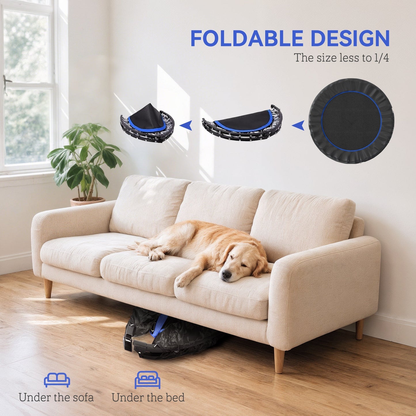 HOMCOM 48" Foldable Mini Fitness Trampoline, with Adjustable Foam Handle, Blue
