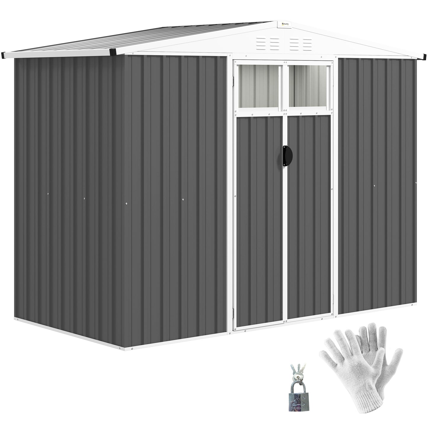 Outsunny 8 x 4 ft Metalowy domek ogrodowy, domek ogrodowy z oknem, 4 otworami wentylacyjnymi i zamykanymi drzwiami, wodoodporny, ocynkowany stalowy domek narzędziowy, ciemnoszary