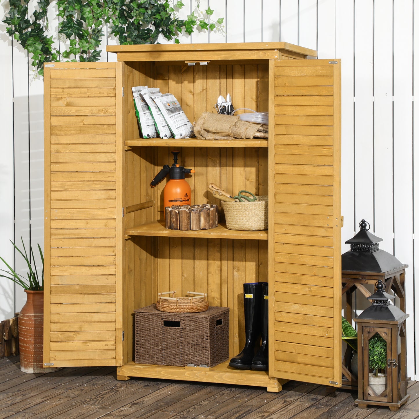 Outsunny Drewniany schowek ogrodowy, kompaktowy moduł użytkowy, 3-poziomowy organizer na narzędzia z dachem asfaltowym i konstrukcją okiennicy, 87 cm x 47 cm x 160 cm